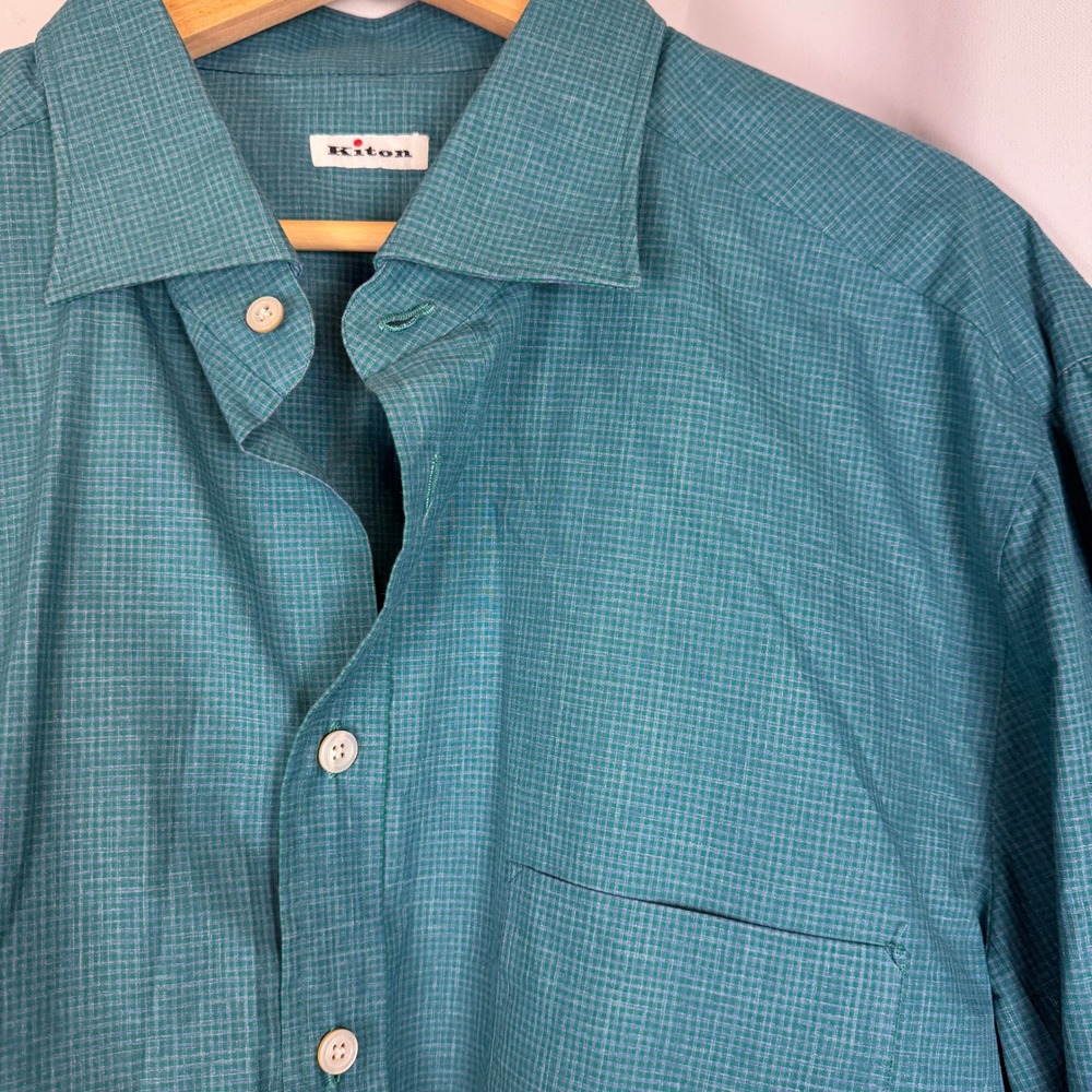 Kiton Mens XXL Teal Micro Check Button Up Shirt Long Sleeve Italian Made